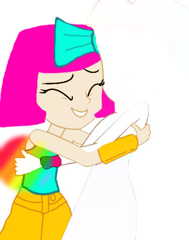 The image shows two girls hugging each other. They both have bright colored hair and clothing. The girl on the left has pink hair and a turquoise bow, she is wearing a turquoise top and yellow pants. The girl on the right has pink and yellow hair, she is wearing a turquoise top and purple pants. They both have big smiles on their faces. They both have a bracelet on their left wrist. This image is very cute and looks like it was drawn by hand. They look like they are really happy to be with each other. I think this image is very heartwarming! 🥰💖